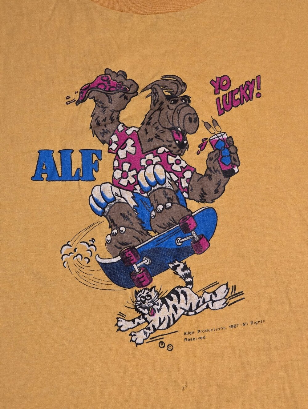 Vtg 1987 ALF "Yo Lucky!" Graphic T-Shirt Sz L Youth Yellow Cotton/Poly Made USA